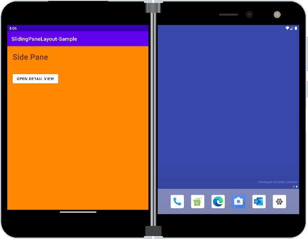 Surface Duo showing SlidingPaneLayout sample app on a single screen, showing the primary view with an orange background