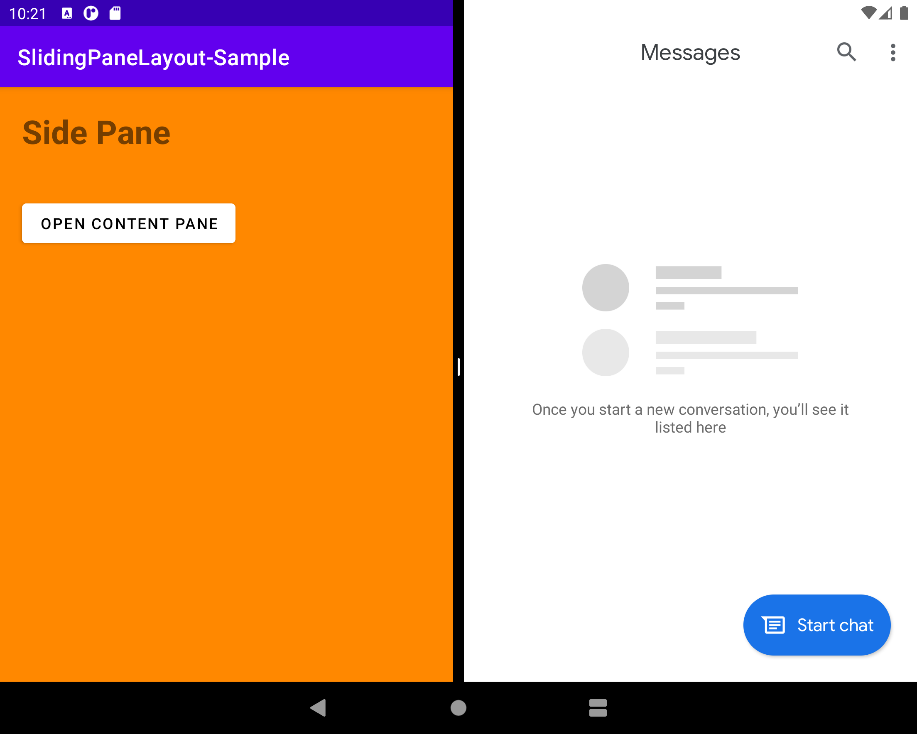 Android tablet emulator showing multi-window mode, with the SlidingPaneLayout sample on one side and an empty chat app on the other side