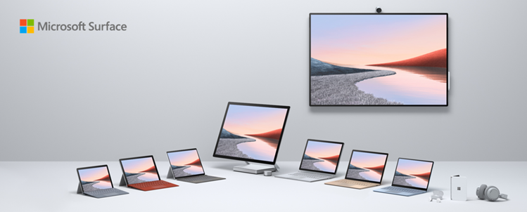 Marketing image of the Microsoft Surface range of devices - Hub, Studio, Book, Laptop, and Surface Duo