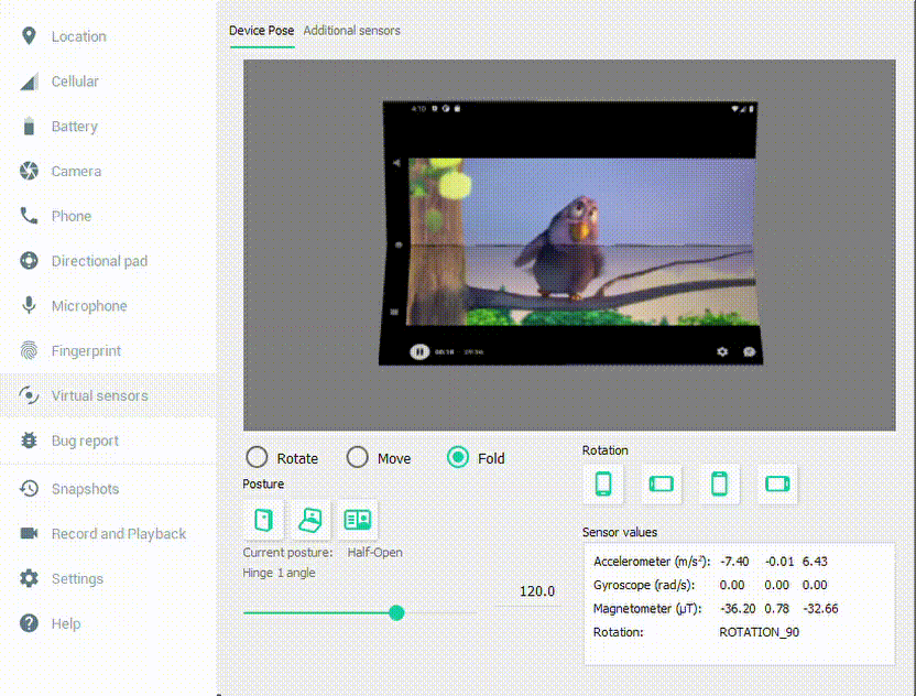 Foldable Android emulator showing the video and chat sample while the hinge is being adjusted