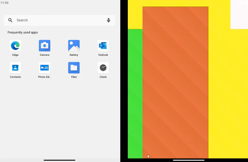 Surface Duo emulator showing a reverse pinch to zoom out gesture animation