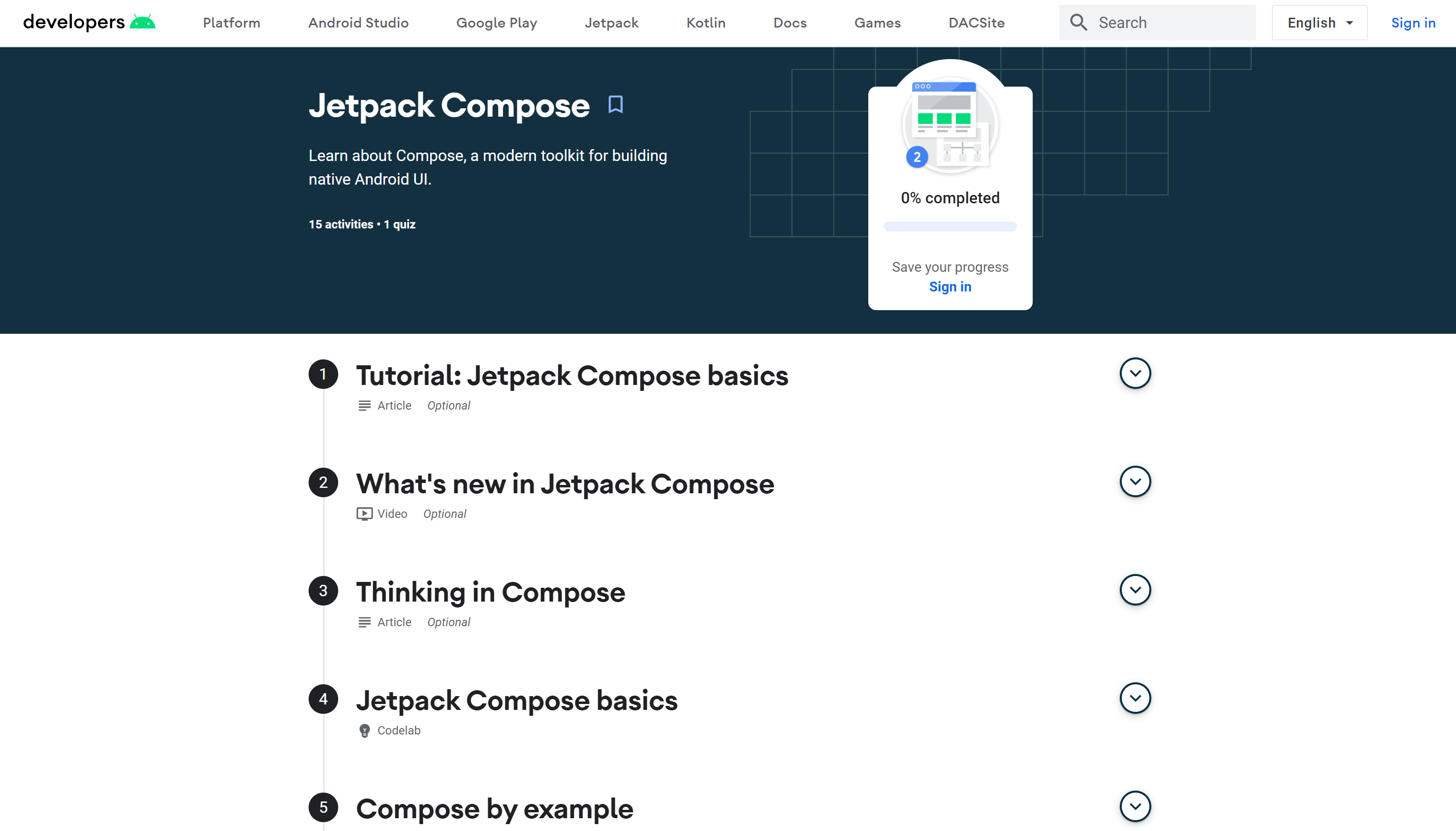 Screenshot of Jetpack Compose learning pathway menu on Google's developer website