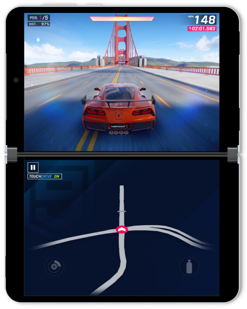 Surface Duo showing Asphalt demo screenshot
