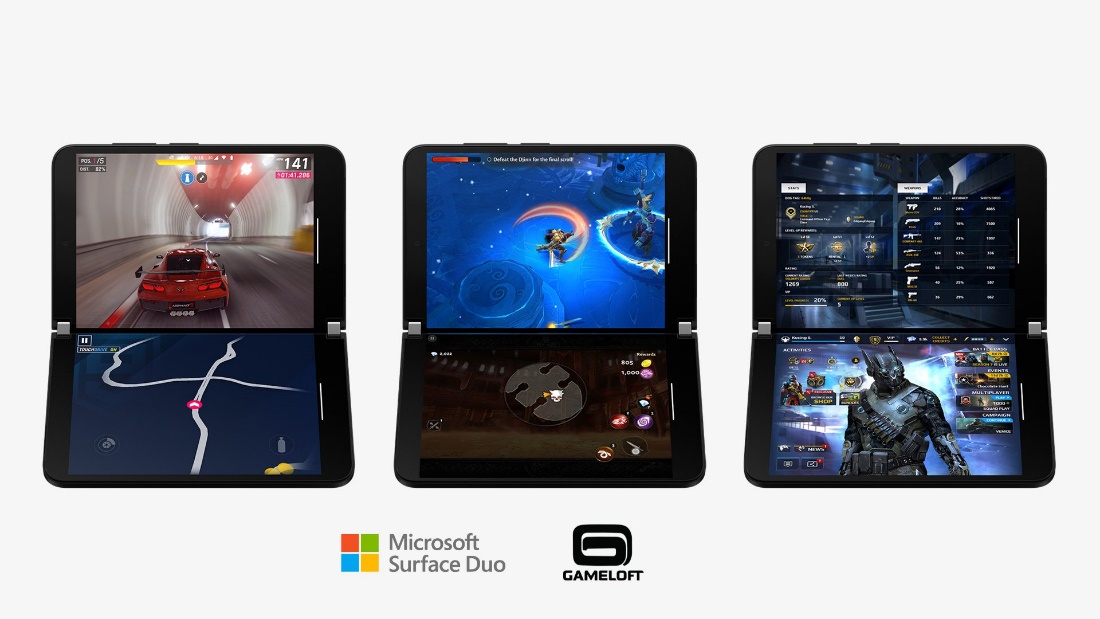 Gameloft titles available for Microsoft Surface Duo - three devices showing Ashphalt 9, Modern Combat, and Dungeon Hunter 5
