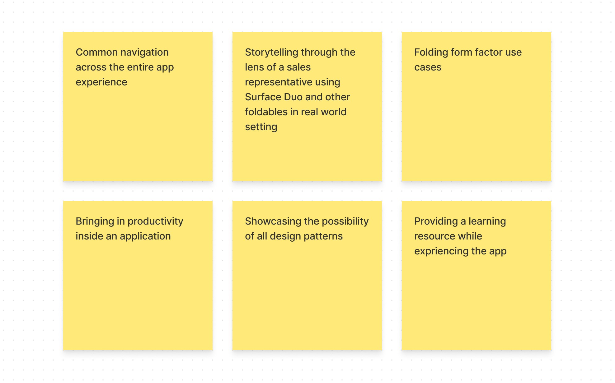 Six sticky notes contain ideas for sample app design