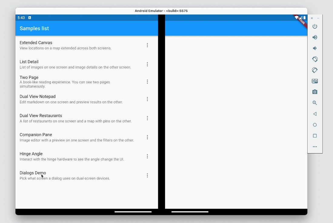 Flutter dual-screen samples. Image shows the surface duo emulator, running the samples app, showing a list of different examples, such as List-Detail and Companion Pane
