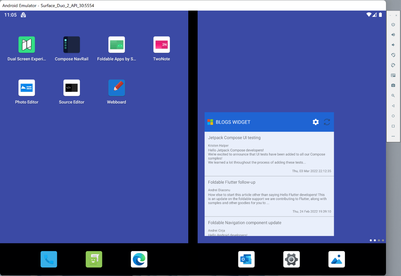 Surface Duo emulator screenshot showing home screen icons and news widget