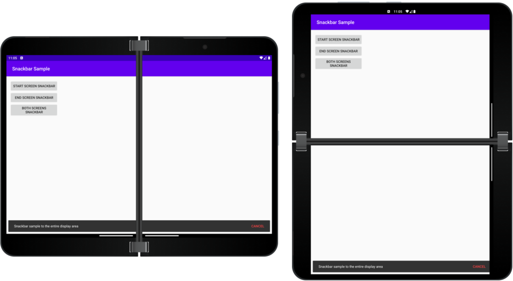 Surface Duo sample showing the snackbar on both screens