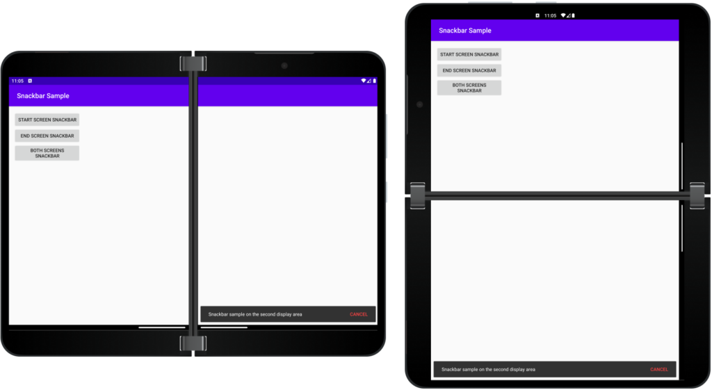 Surface Duo sample showing the snackbar on right screen