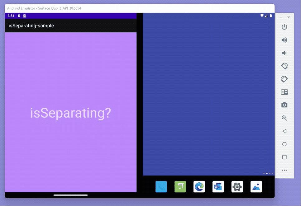 Animation of a foldable device showing when isSeparating becomes true or false based on the fold angle