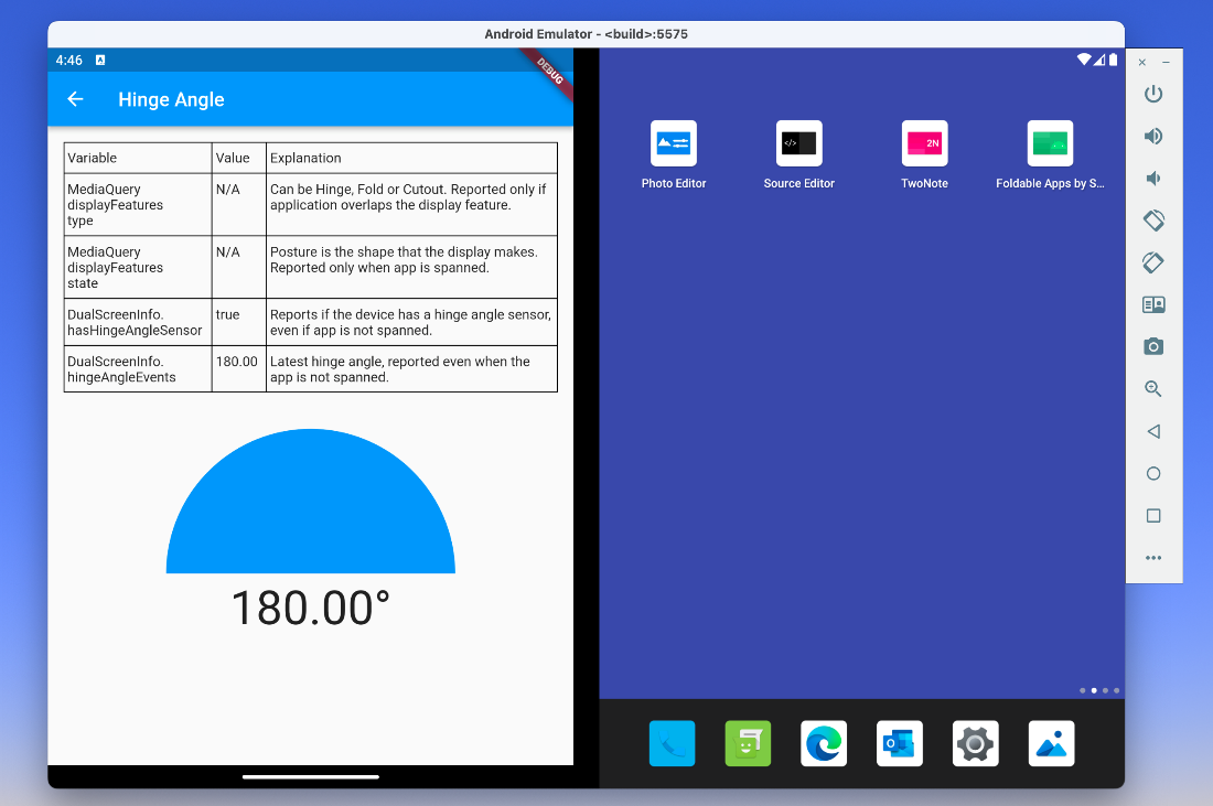 Screenshot of a Surface Duo running our Flutter samples app on a single screen. The app shows debug information, like the display feature not being detected.