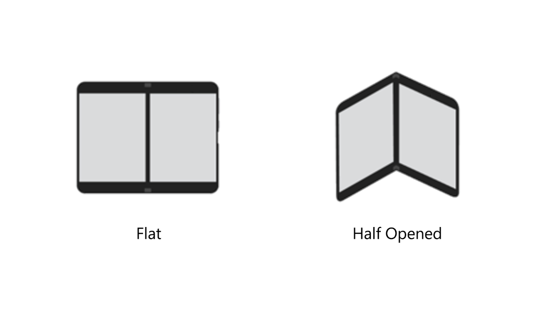 Visual representation of the "flat" and "half-opened" postures as two images of a foldable device, first as a flat surface and then bent in the middle, like a book