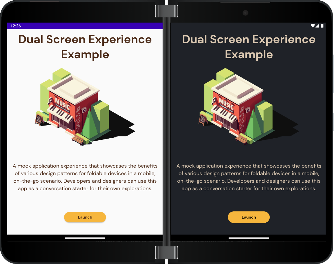Surface Duo showing the dual-screen experience app launch screen, on the left screen in light mode and the right screen in dark mode
