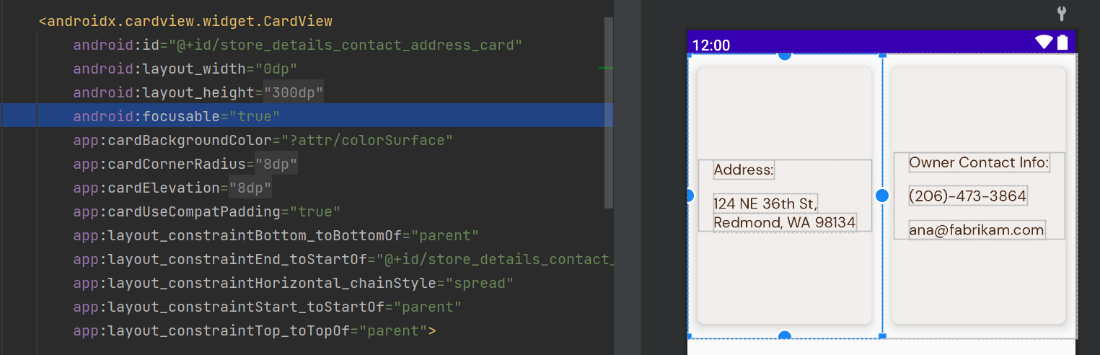 Android Studio XML editor and preview pane, showing control groupings