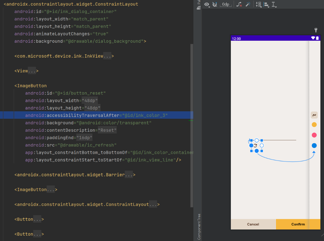 Android Studio XML editor and preview pane, showing the focus order on a screen