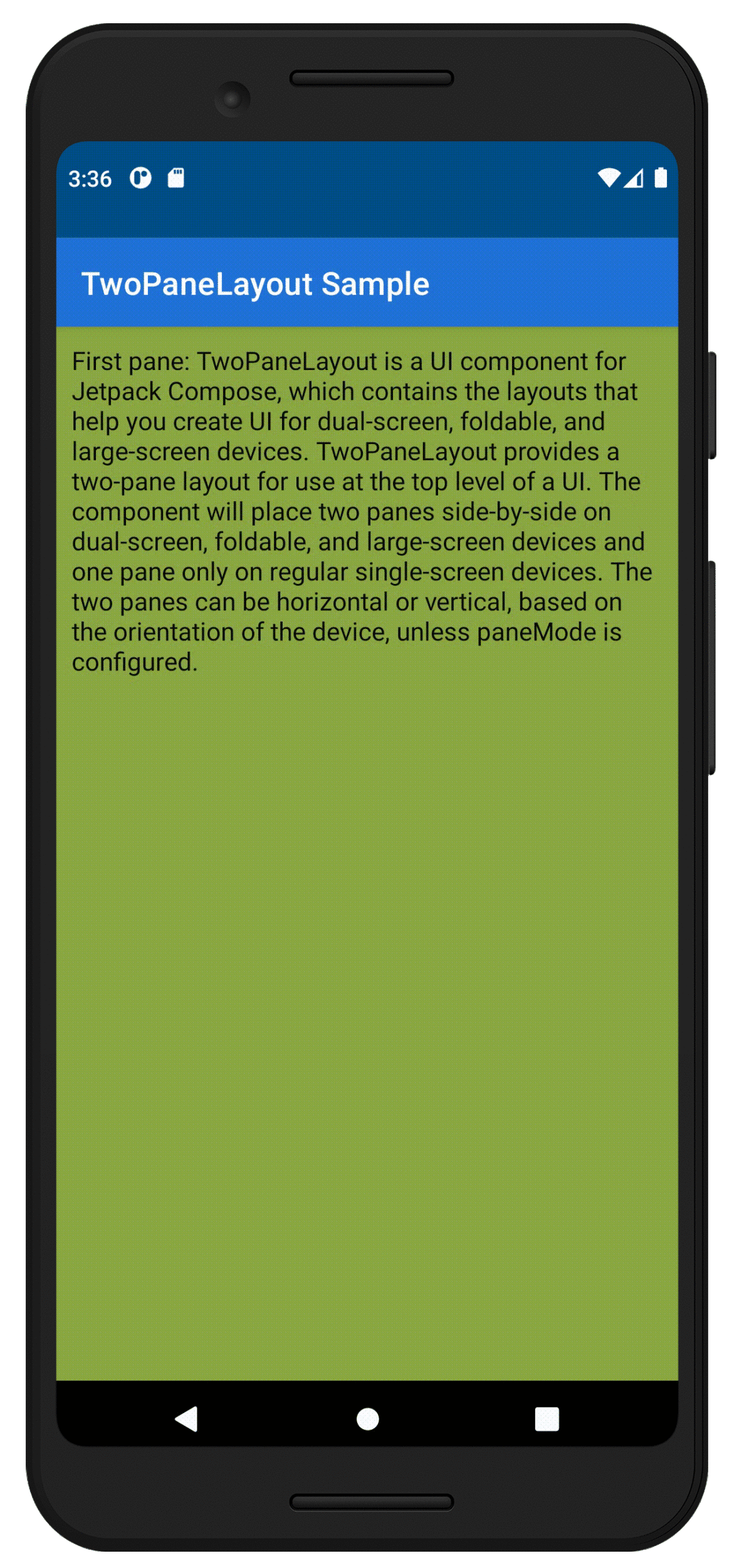 Animation of TwoPaneLayout on a single screen device, where navigation between pane 1 and pane 2 is shown