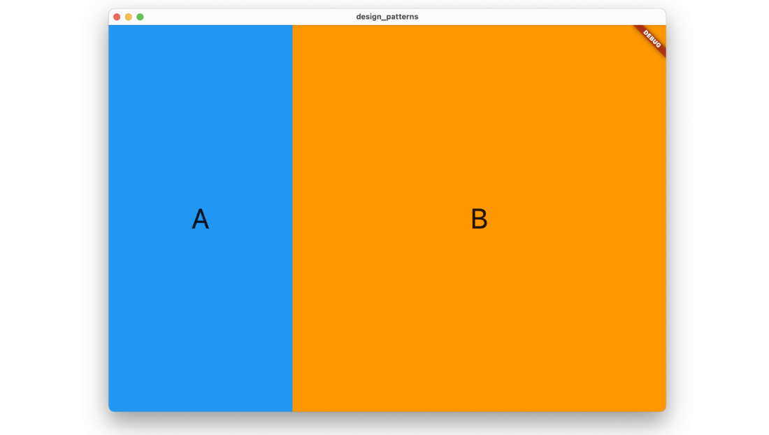 Screenshot of the above code running as a desktop app. You can notice that there are two parts of the layout. Part "Blue A" takes over the left third of the screen while part "Orange B" takes over the remaining two thirds