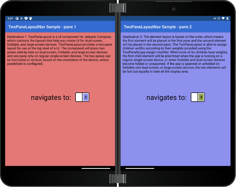 Surface Duo 2 showing navigation sample with pane 1 and pane 2 screens visible