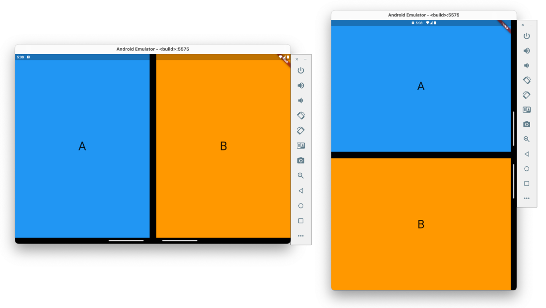 Two screenshots of the above code running on a Surface Duo emulator. One screenshot is dual-portrait, and one is dual-landscape. You can notice that, regardless of orientation, one screen shows "Blue A" and one screen shows "Orange B"
