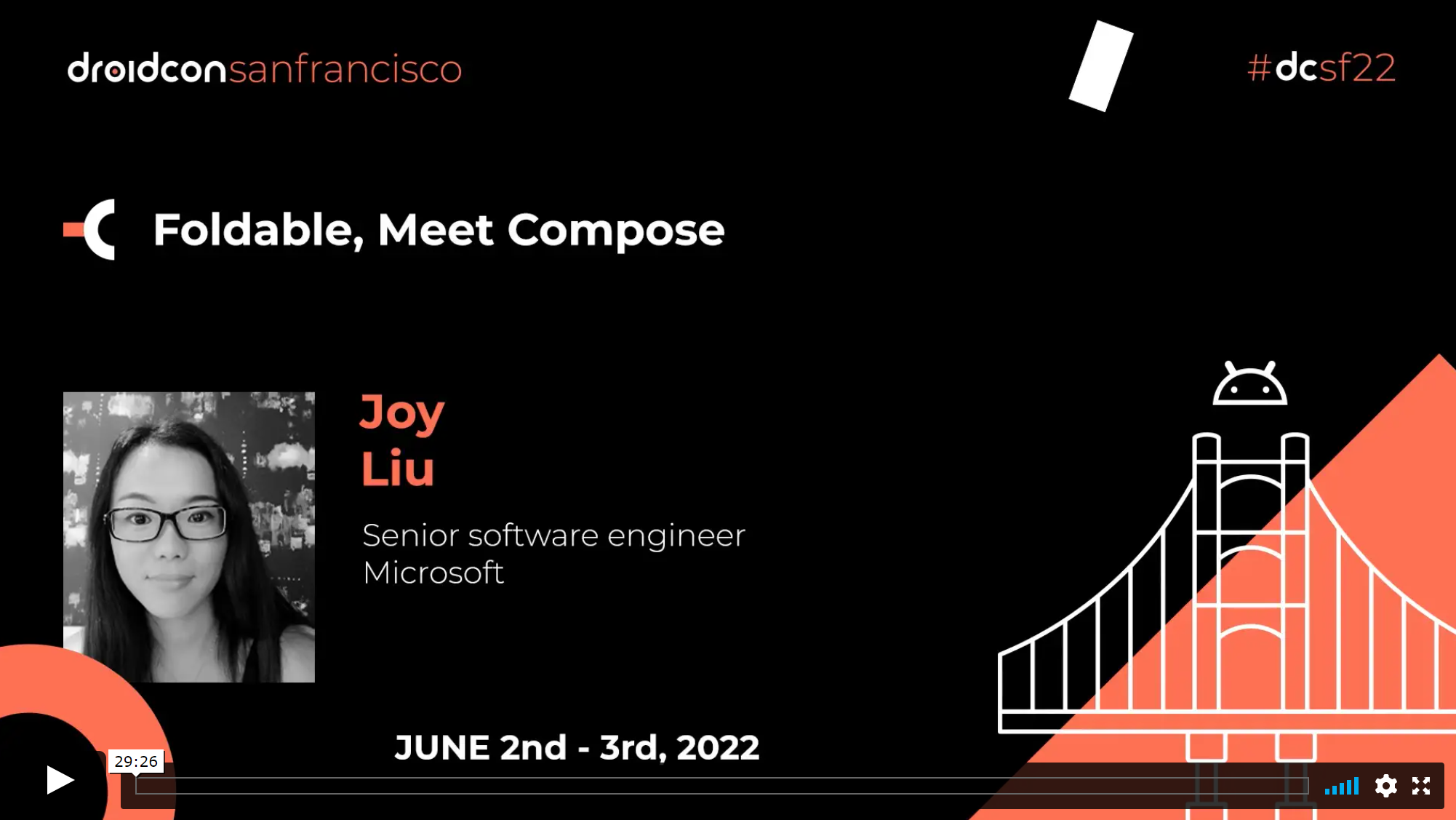 Intoductory slide from Foldable meet Compose talk, showing Joy's photo and Senior Software Engineer title