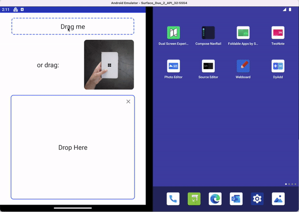Animation of the drag and drop sample app on the left screen of the Surface Duo emulator
