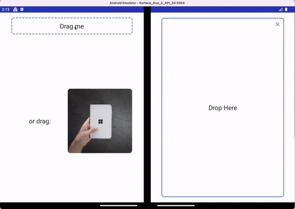 Animation of the drag and drop sample app on both screens of the Surface Duo emulator