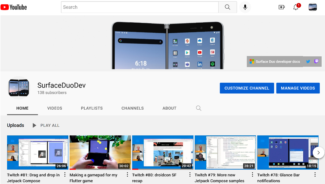 YouTube home page for Surface Duo developers