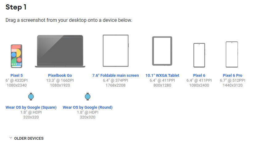 Screenshot of the device frame options provided by Google on their website