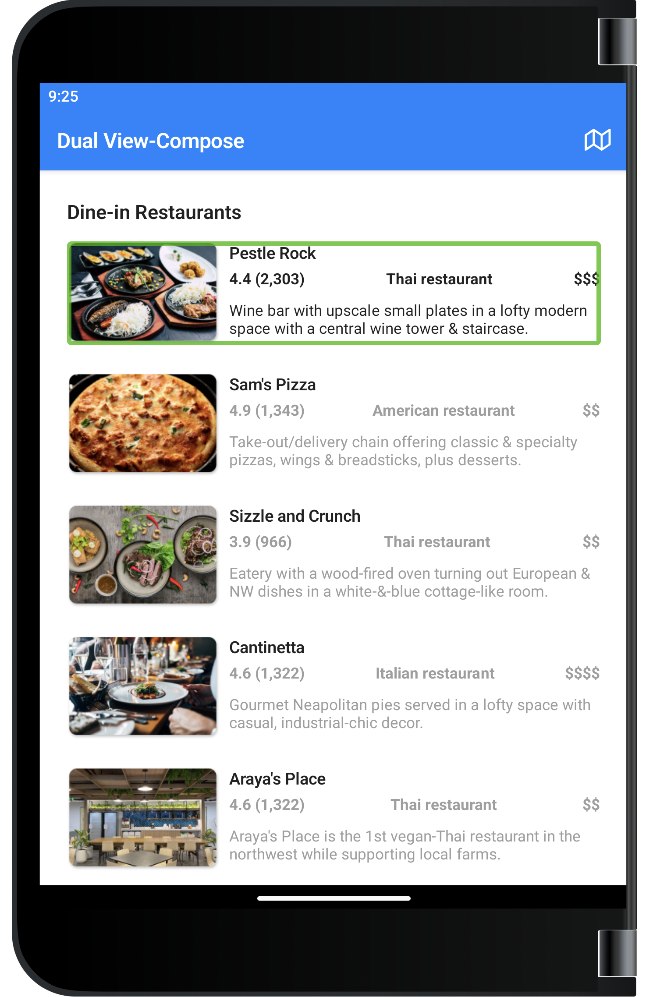 Surface Duo screenshot of a sample showing a list of restaurants with a photo next to each, and accessibility focus on the first restaurant