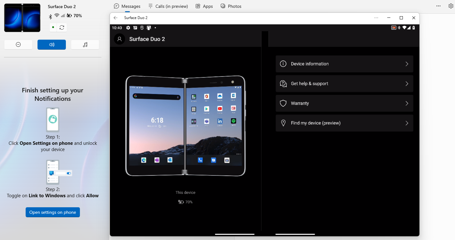 Phone Link app showing screen sharing with a Surface Duo