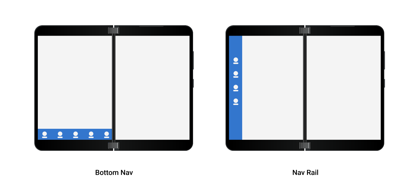 Two stylized Surface Duo devices, show the correct placement of bottom nav only on the bottom of the left screen, and correct placement of a navigation rail, also only on the left screen.