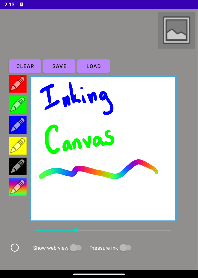 Screenshot of an ink canvas with some color options and save/load buttons
