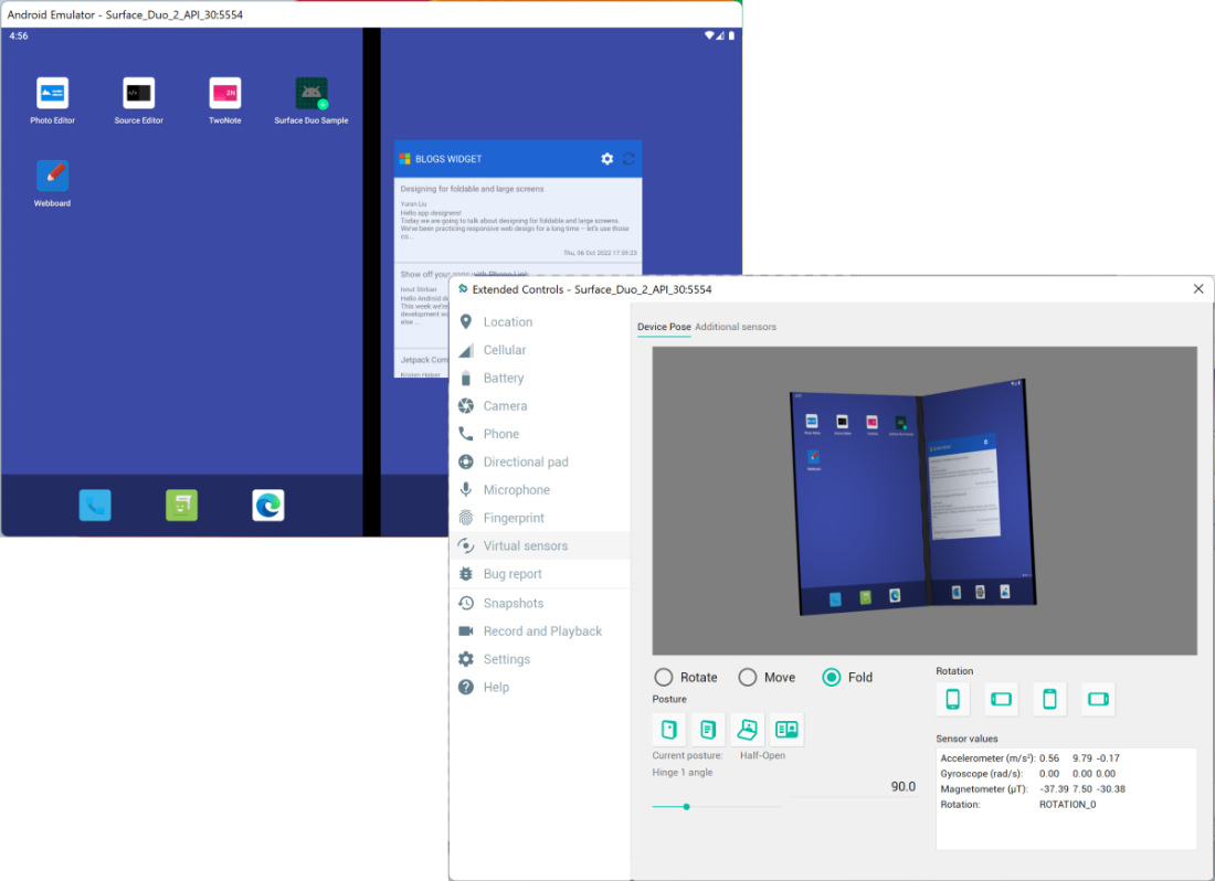Surface Duo emulator screenshot showing the launcher app with icons and news widget, as well as the device pose tab in the settings window