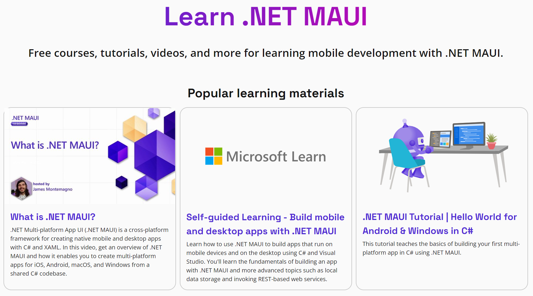 Screenshot of the .NET MAUI training page on Microsoft Learn