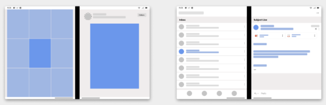 Two stylized dual-screen layouts - the first showing a list-detail layout with images and the second showing an email-like application
