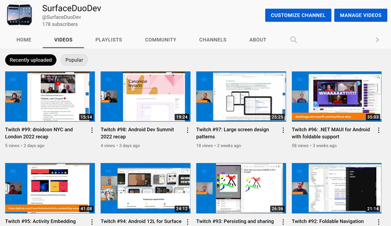 Screenshot of SurfaceDuoDev YouTube archive