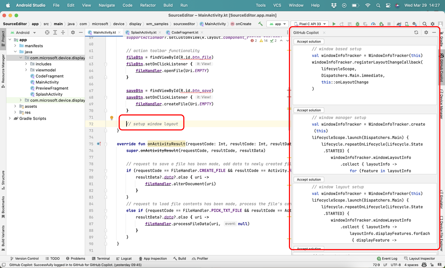 Android Studio showing Source Editor project with GitHub Copilot tool window with suggestions