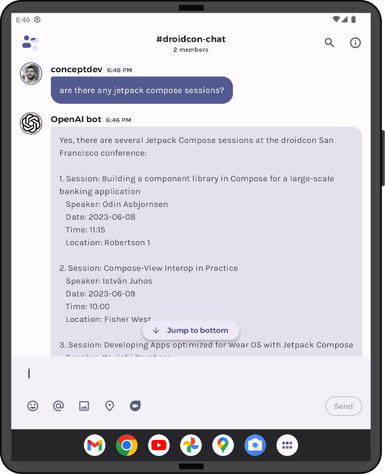 Screenshot of Jetchat AI answering a question about Jetpack Compose sessions