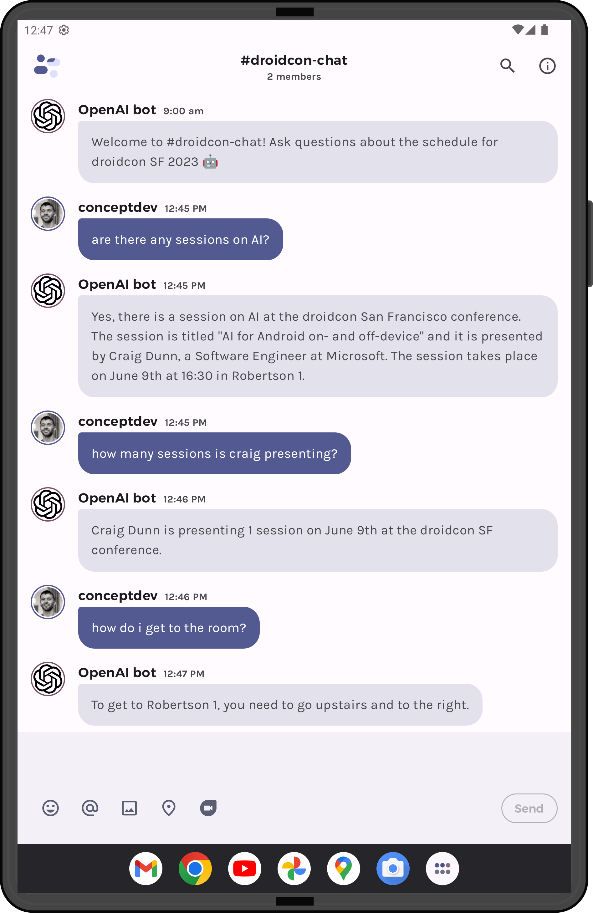 Phone screenshot with AI chat about droidcon sessions