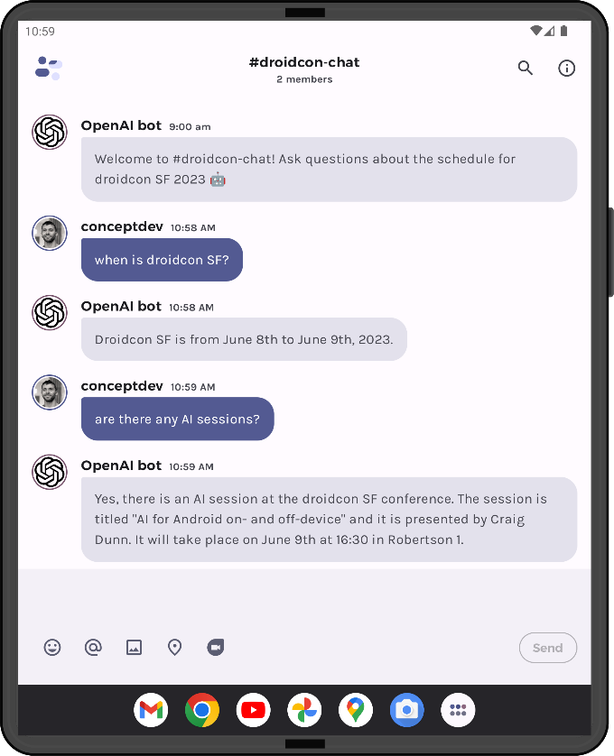Screenshot of the chat answering questions about droidcon