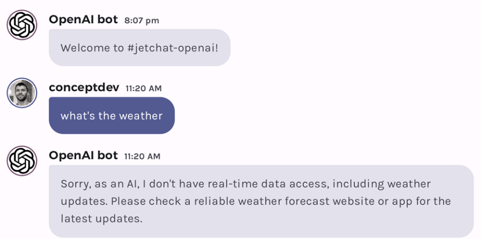 Chat conversation asking for a weather report but the AI responding that it cannot as it does not have current data