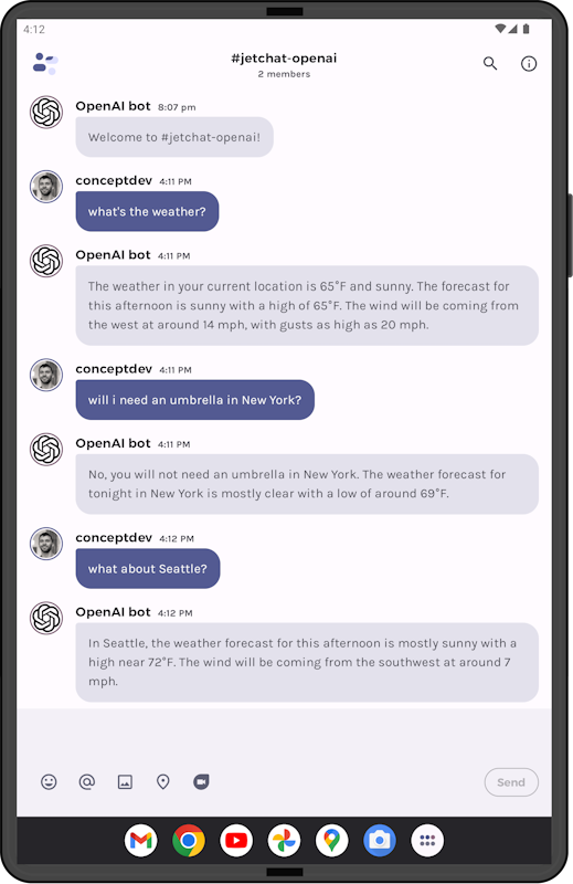 Android device running an AI chat application asking about weather in different places (SF, New York, Seattle) and replying with a weather report.