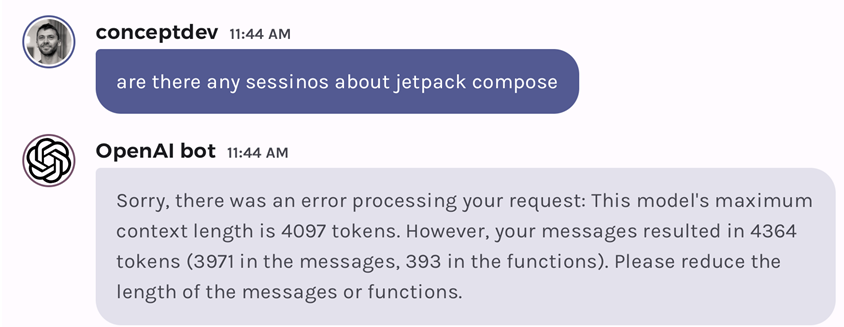 Jetchat conversation screenshot where the model returns an error that the maximum content length of 4096 tokens has been exceeded