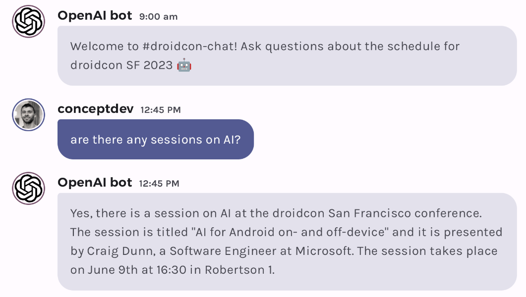 Screenshot of Jetchat with a question "are there any sessions on AI" that requires embeddings to answer