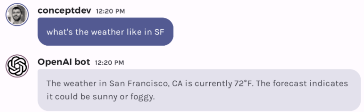 Screenshot of Jetchat with the question "what is the weather like in SF" which will require a function to answer
