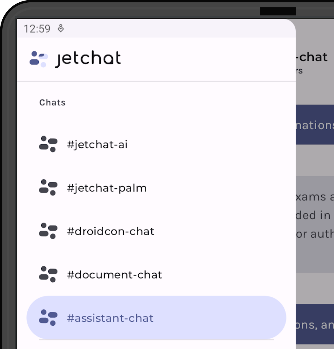 Screenshot of the JetchatAI app showing the channel menu and how to choose the assistant chat