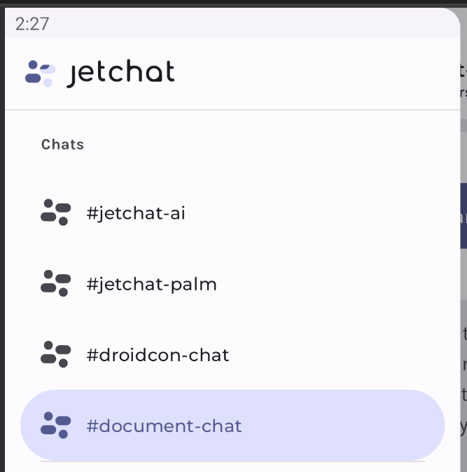 Screenshot of JetchatAI on Android, showing the slide-out navigation panel