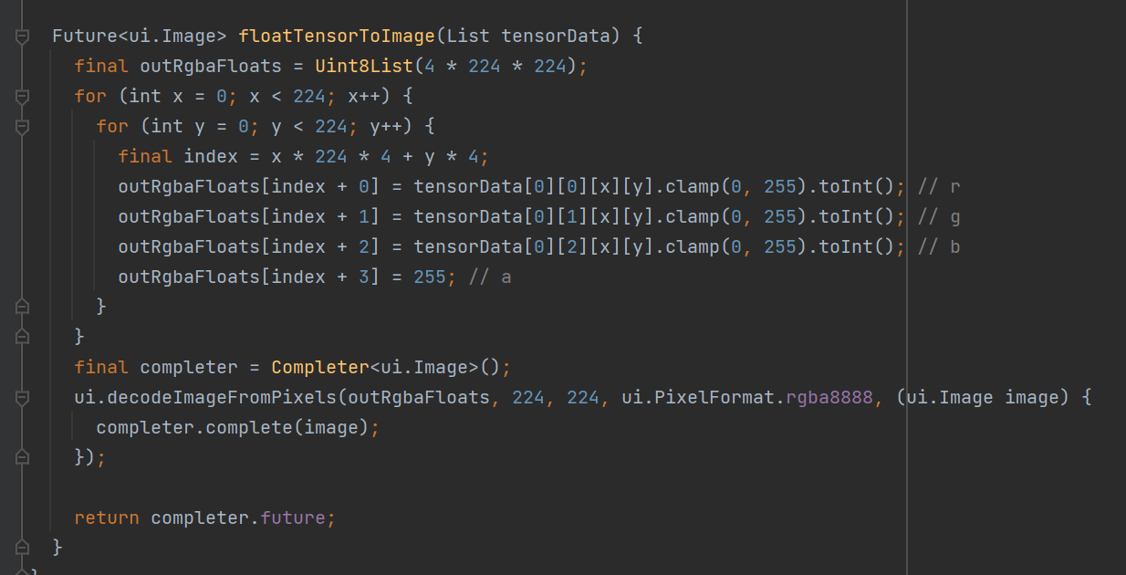 A screenshot of code. The code is as follows:
  Future<ui.Image> floatTensorToImage(List tensorData) {
    final outRgbaFloats = Uint8List(4 * 224 * 224);
    for (int x = 0; x < 224; x++) {
      for (int y = 0; y < 224; y++) {
        final index = x * 224 * 4 + y * 4;
        outRgbaFloats[index + 0] = tensorData[0][0][x][y].clamp(0, 255).toInt(); // r
        outRgbaFloats[index + 1] = tensorData[0][1][x][y].clamp(0, 255).toInt(); // g
        outRgbaFloats[index + 2] = tensorData[0][2][x][y].clamp(0, 255).toInt(); // b
        outRgbaFloats[index + 3] = 255; // a
      }
    }
    final completer = Completer<ui.Image>();
    ui.decodeImageFromPixels(outRgbaFloats, 224, 224, ui.PixelFormat.rgba8888, (ui.Image image) {
      completer.complete(image);
    });

    return completer.future;
  }