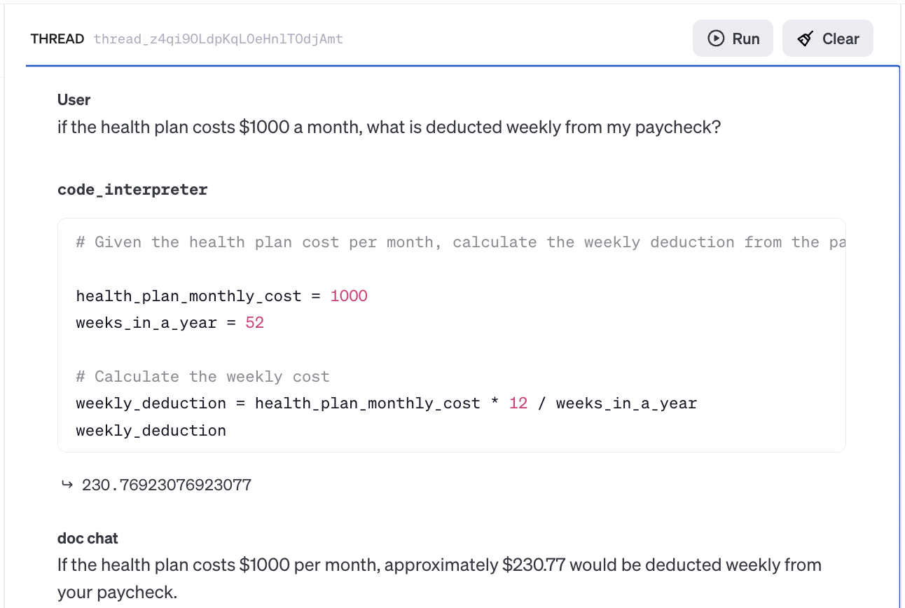 Screenshot of the OpenAI Assistant playground showing a user query about how much $1000 a month is in weekly payments, along with the output from the code interpreter and the model's answer of approx $230 a week.