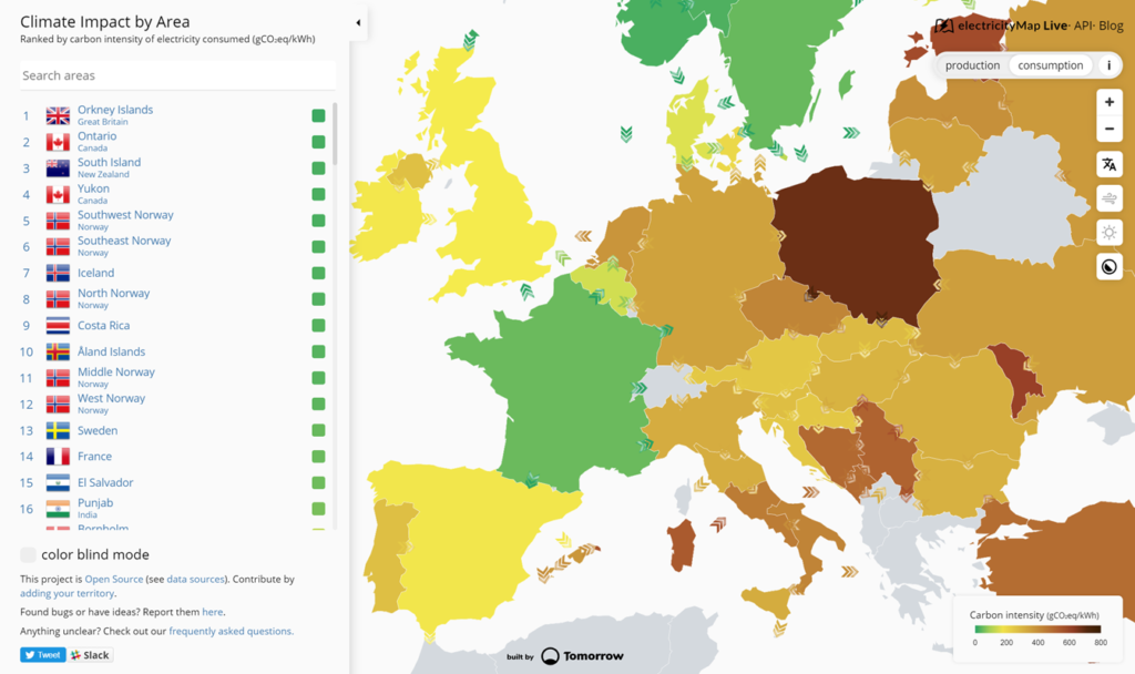 Electricity Map is ranking countries by carbon intensity of electricity consumed (gCO₂eq/kWh)
